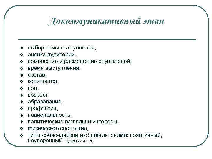 Докоммуникативный этап v v v v выбор темы выступления, оценка аудитории, помещение и размещение