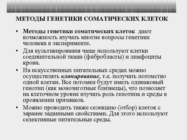 МЕТОДЫ ГЕНЕТИКИ СОМАТИЧЕСКИХ КЛЕТОК • Методы генетики соматических клеток дают возможность изучать многие вопросы