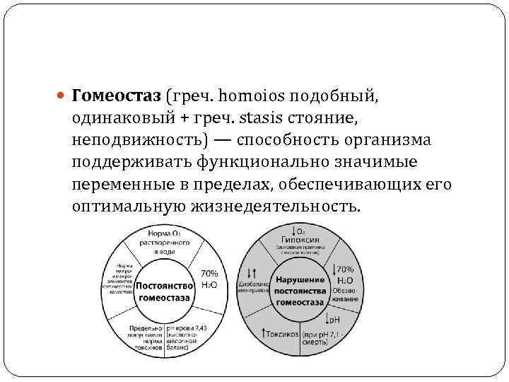  Гомеостаз (греч. homoios подобный, одинаковый + греч. stasis стояние, неподвижность) — способность организма