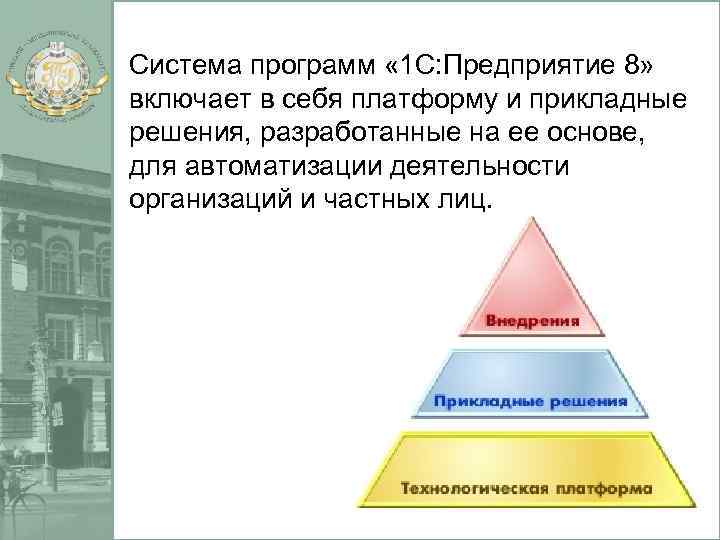 Система программ « 1 С: Предприятие 8» включает в себя платформу и прикладные решения,