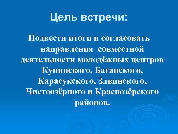 Цель встречи: Подвести итоги и согласовать направления совместной деятельности молодёжных центров Купинского, Баганского, Карасукского,