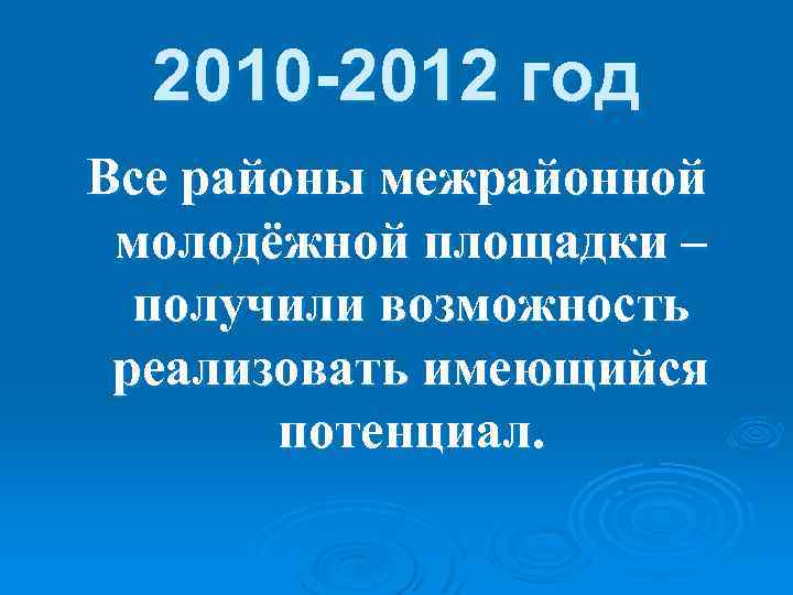 2010 -2012 год Все районы межрайонной молодёжной площадки – получили возможность реализовать имеющийся потенциал.
