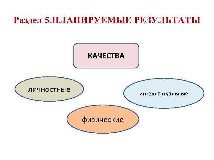 Раздел 5. ПЛАНИРУЕМЫЕ РЕЗУЛЬТАТЫ КАЧЕСТВА личностные интеллектуальные физические 