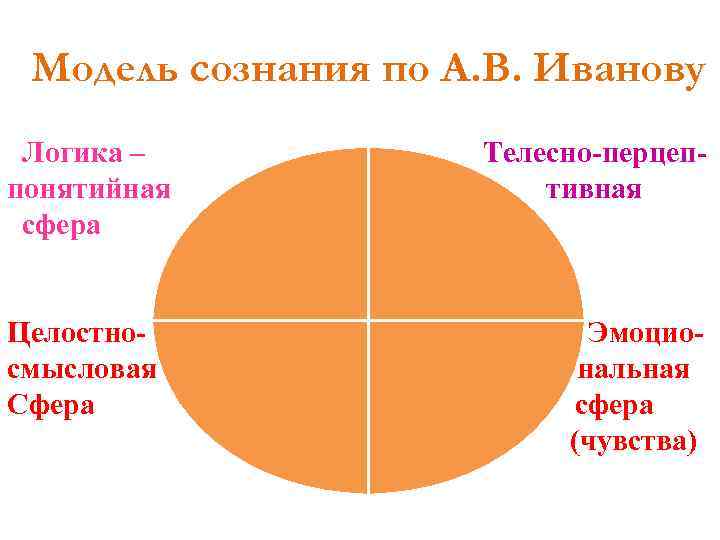 Модель сознания по А. В. Иванову Логика – понятийная сфера Целостносмысловая Сфера Телесно-перцептивная Эмоциональная
