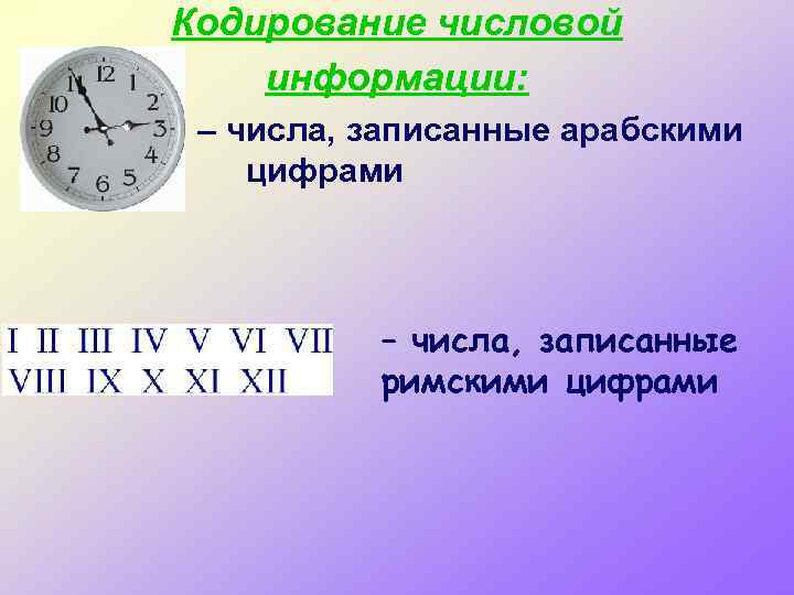 Кодирование числовой информации: – числа, записанные арабскими цифрами – числа, записанные римскими цифрами 
