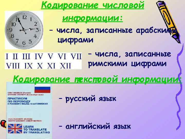 Кодирование числовой информации: – числа, записанные арабскими цифрами – числа, записанные римскими цифрами Кодирование
