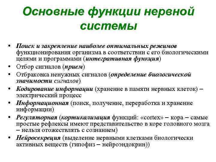 Основные функции нервной системы • Поиск и закрепление наиболее оптимальных режимов функционирования организма в