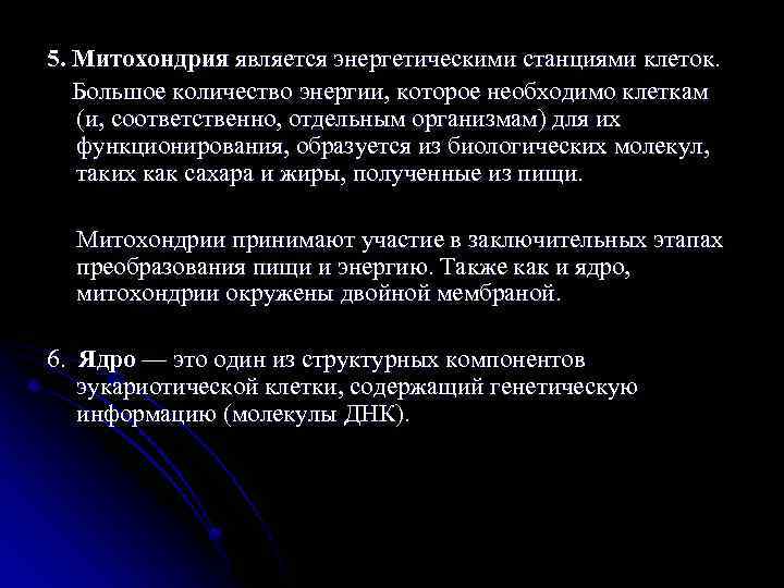 5. Митохондрия является энергетическими станциями клеток. Большое количество энергии, которое необходимо клеткам (и, соответственно,