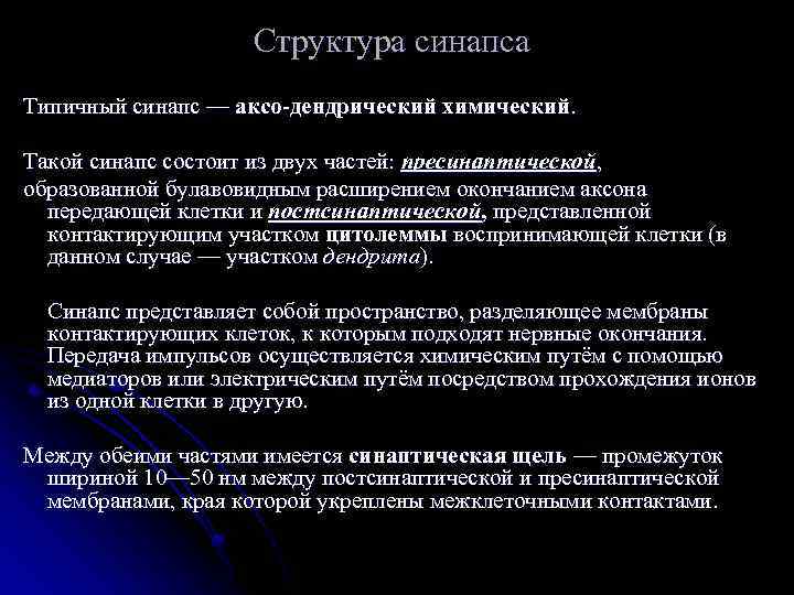 Структура синапса Типичный синапс — аксо-дендрический химический. Такой синапс состоит из двух частей: пресинаптической,