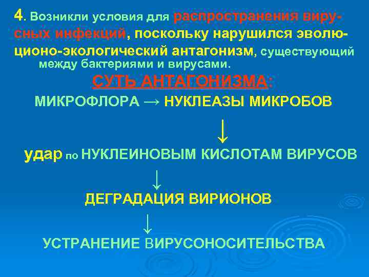 4. Возникли условия для распространения вирусных инфекций, поскольку нарушился эволюционо-экологический антагонизм, существующий между бактериями