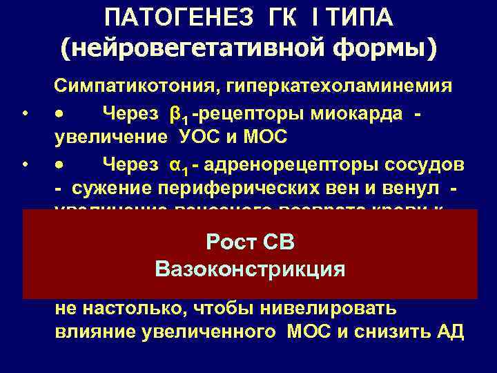 ПАТОГЕНЕЗ ГК I ТИПА (нейровегетативной формы) • • • Симпатикотония, гиперкатехоламинемия · Через β