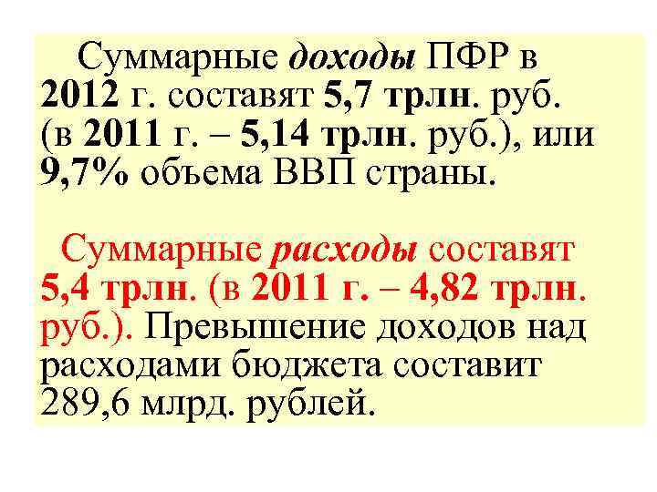  Суммарные доходы ПФР в 2012 г. составят 5, 7 трлн. руб. (в 2011