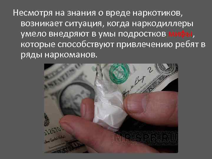 Несмотря на знания о вреде наркотиков, возникает ситуация, когда наркодиллеры умело внедряют в умы