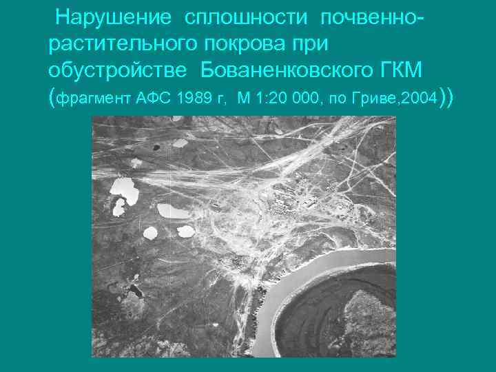 Нарушение сплошности почвеннорастительного покрова при обустройстве Бованенковского ГКМ (фрагмент АФС 1989 г, М 1: