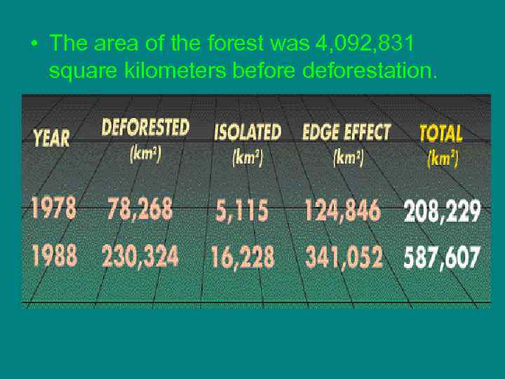  • The area of the forest was 4, 092, 831 square kilometers before