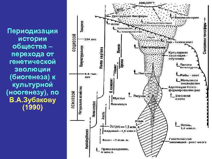 Периодизация истории общества – перехода от генетической эволюции (биогенеза) к культурной (ноогенезу), по В.