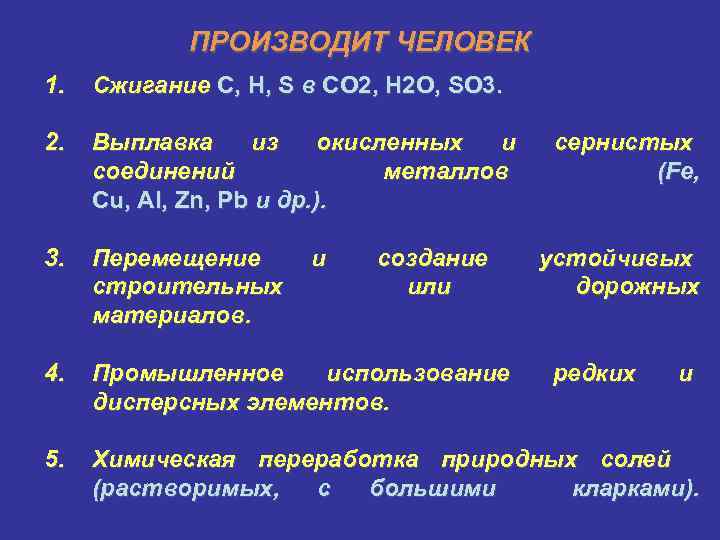 ПРОИЗВОДИТ ЧЕЛОВЕК 1. Сжигание С, Н, S в СО 2, Н 2 О, SO