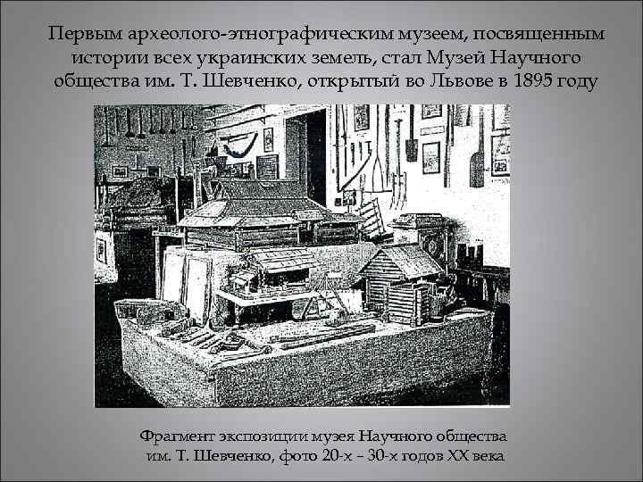 Первым археолого-этнографическим музеем, посвященным истории всех украинских земель, стал Музей Научного общества им. Т.
