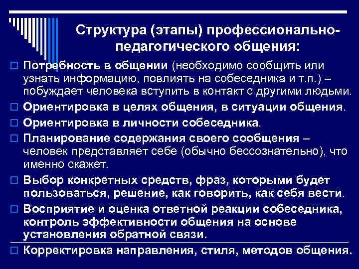 Структура (этапы) профессиональнопедагогического общения: o Потребность в общении (необходимо сообщить или o o o