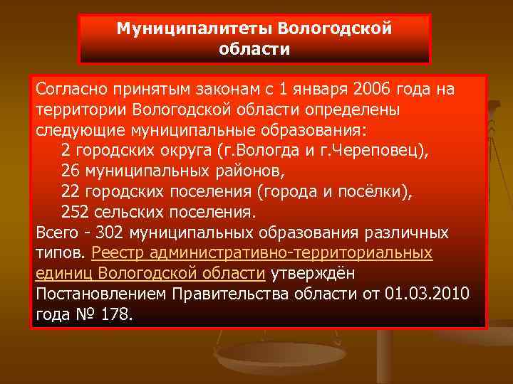 Муниципалитеты Вологодской области Согласно принятым законам с 1 января 2006 года на территории Вологодской