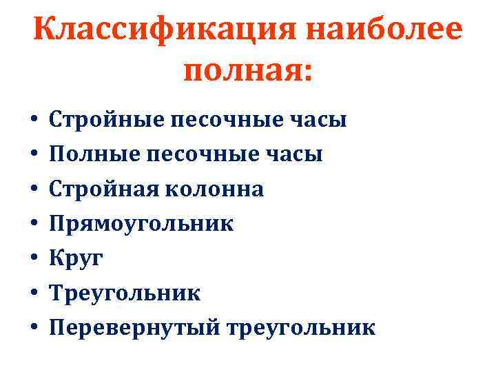 Классификация наиболее полная: • • Стройные песочные часы Полные песочные часы Стройная колонна Прямоугольник