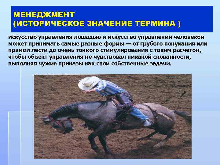 МЕНЕДЖМЕНТ (ИСТОРИЧЕСКОЕ ЗНАЧЕНИЕ ТЕРМИНА ) искусство управления лошадью и искусство управления человеком может принимать