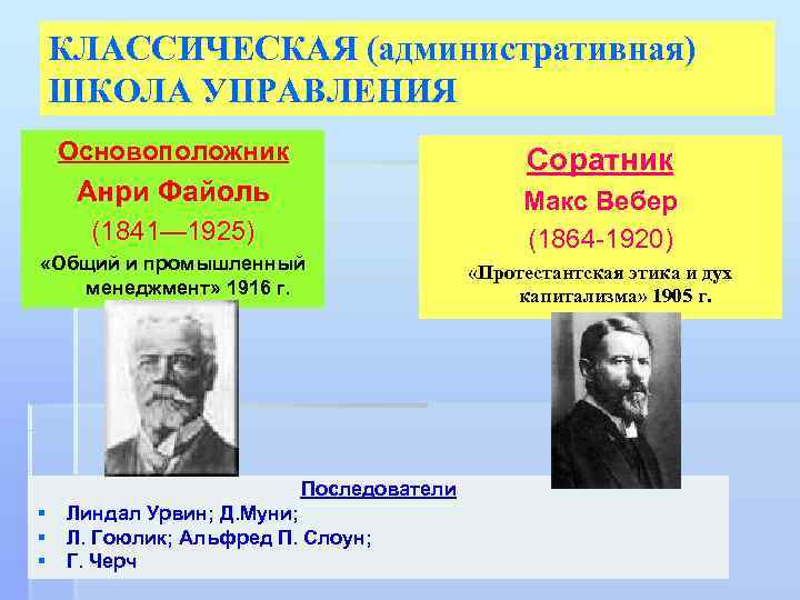 КЛАССИЧЕСКАЯ (административная) ШКОЛА УПРАВЛЕНИЯ Основоположник Соратник Анри Файоль (1841— 1925) «Общий и промышленный менеджмент»