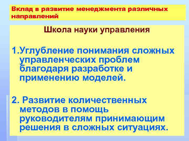 Вклад в развитие менеджмента различных направлений Школа науки управления 1. Углубление понимания сложных управленческих
