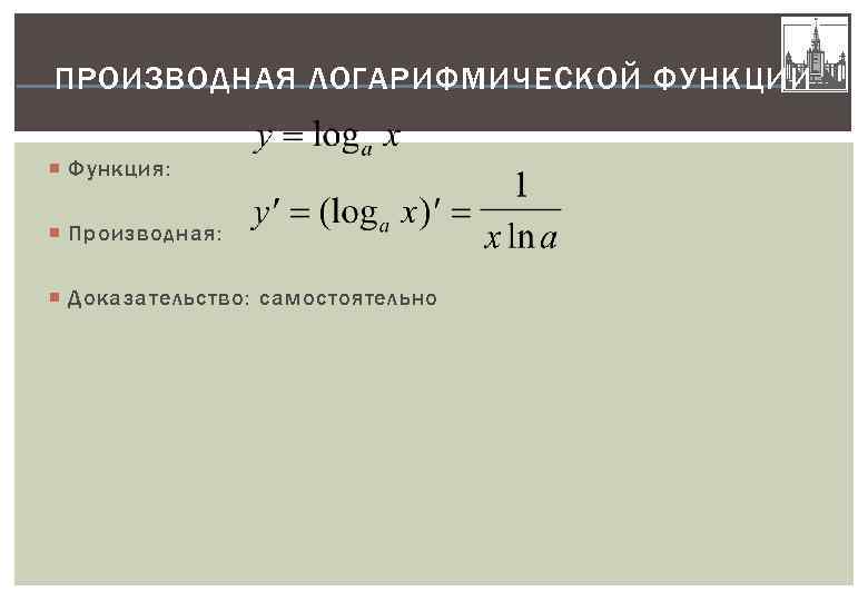 Доказать производную. Производная функции логарифма. Производная от натурального логарифма сложной функции. Производная логарифма сложной функции. Производная функции натурального логарифма.