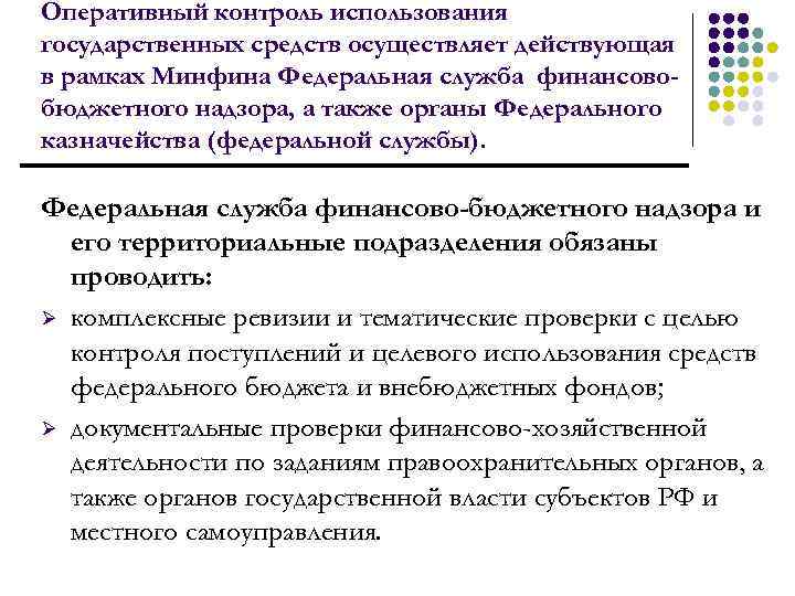 Оперативный контроль использования государственных средств осуществляет действующая в рамках Минфина Федеральная служба финансовобюджетного надзора,
