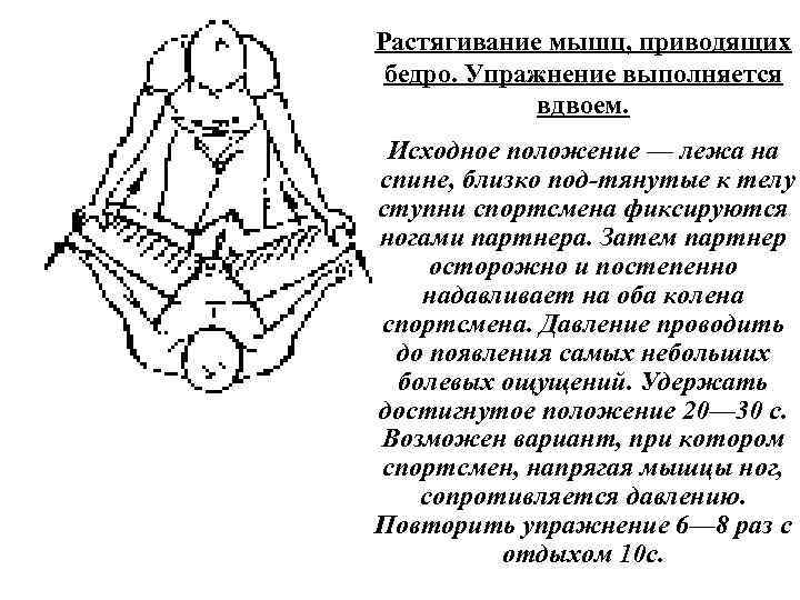 Растягивание мышц, приводящих бедро. Упражнение выполняется вдвоем. Исходное положение — лежа на спине, близко
