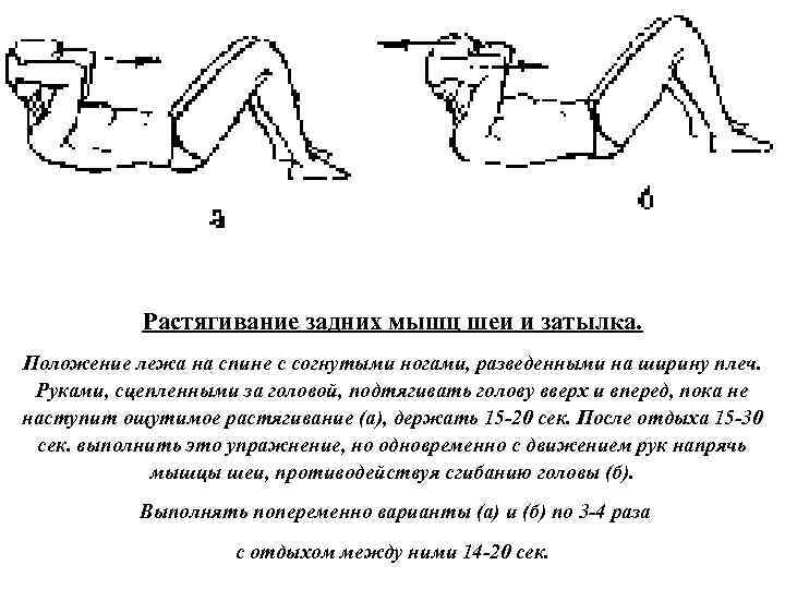 Растягивание задних мышц шеи и затылка. Положение лежа на спине с согнутыми ногами, разведенными