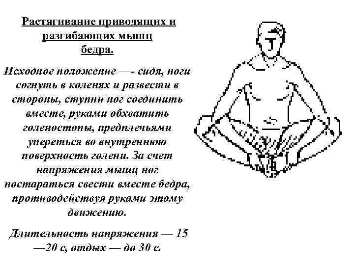  Растягивание приводящих и разгибающих мышц бедра. Исходное положение — сидя, ноги согнуть в