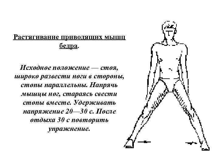 Растягивание приводящих мышц бедра. Исходное положение — стоя, широко развести ноги в стороны, стопы
