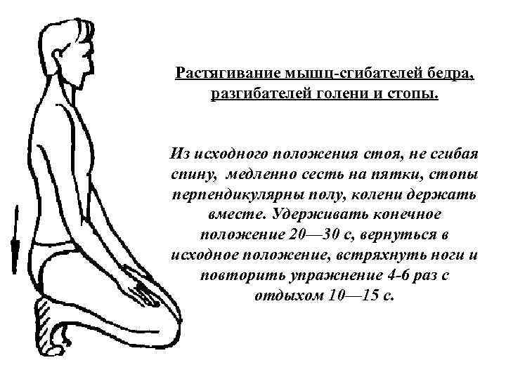 Растягивание мышц сгибателей бедра, разгибателей голени и стопы. Из исходного положения стоя, не сгибая