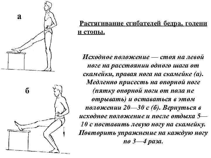 а Растягивание сгибателей бедра, голени и стопы. б Исходное положение — стоя на левой
