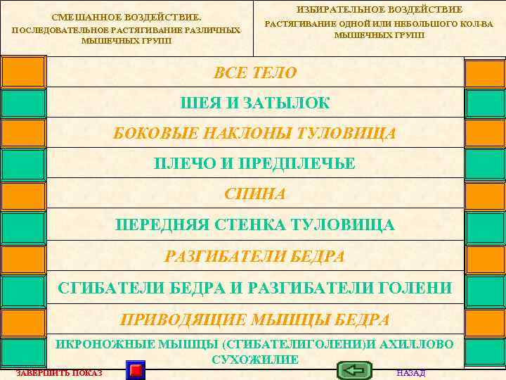 ИЗБИРАТЕЛЬНОЕ ВОЗДЕЙСТВИЕ СМЕШАННОЕ ВОЗДЕЙСТВИЕ. ПОСЛЕДОВАТЕЛЬНОЕ РАСТЯГИВАНИЕ РАЗЛИЧНЫХ МЫШЕЧНЫХ ГРУПП РАСТЯГИВАНИЕ ОДНОЙ ИЛИ НЕБОЛЬШОГО КОЛ