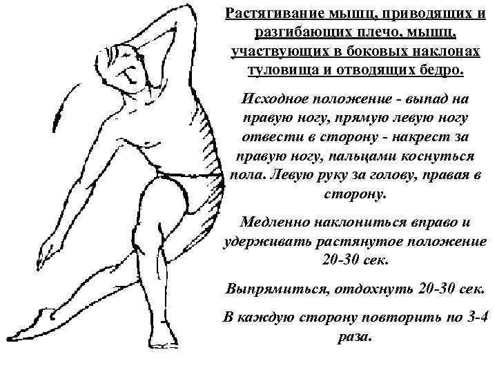 Растягивание мышц, приводящих и разгибающих плечо, мышц, участвующих в боковых наклонах туловища и отводящих