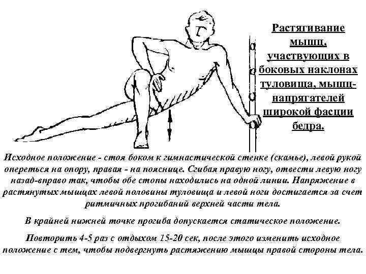 Растягивание мышц, участвующих в боковых наклонах туловища, мышц напрягателей широкой фасции бедра. Исходное положение
