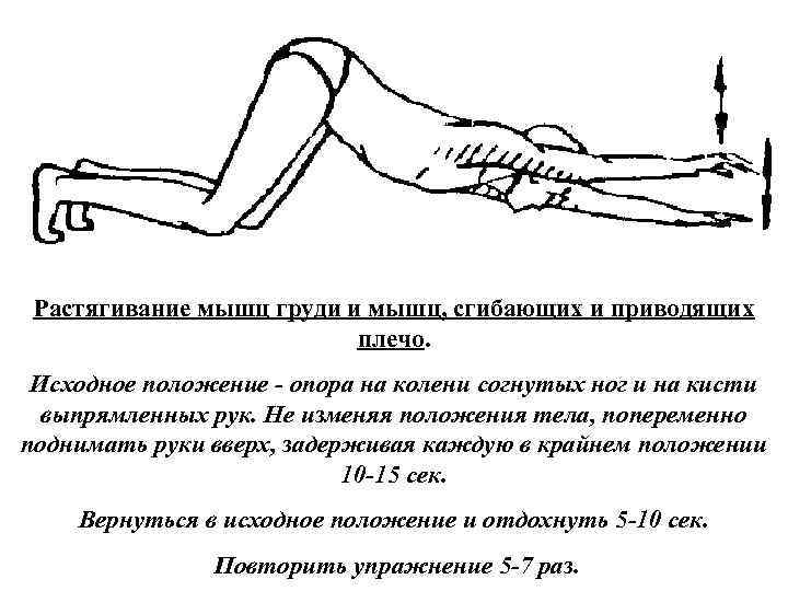 Растягивание мышц груди и мышц, сгибающих и приводящих плечо. Исходное положение опора на колени