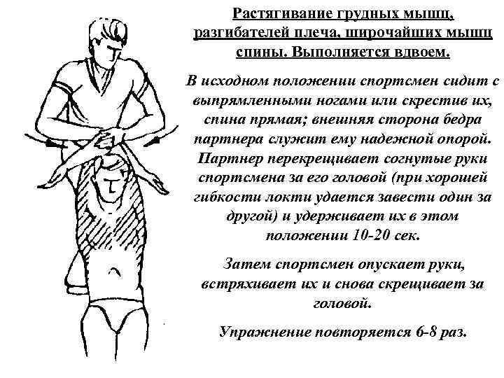 Растягивание грудных мышц, разгибателей плеча, широчайших мышц спины. Выполняется вдвоем. В исходном положении спортсмен