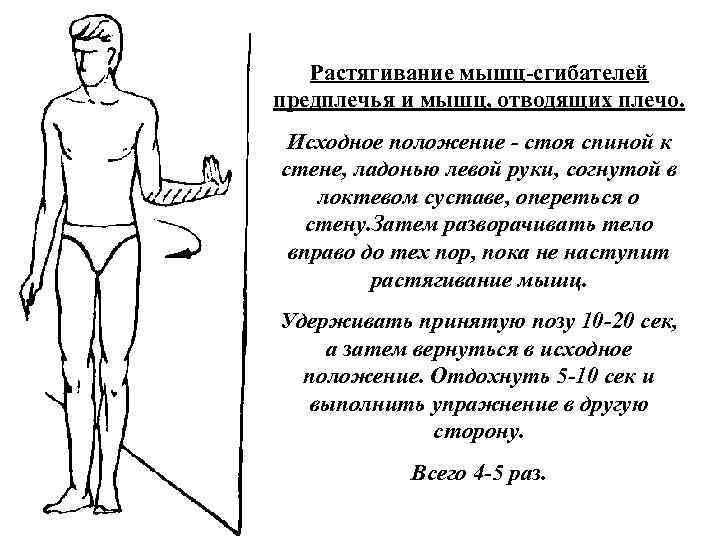 Растягивание мышц сгибателей предплечья и мышц, отводящих плечо. Исходное положение стоя спиной к стене,
