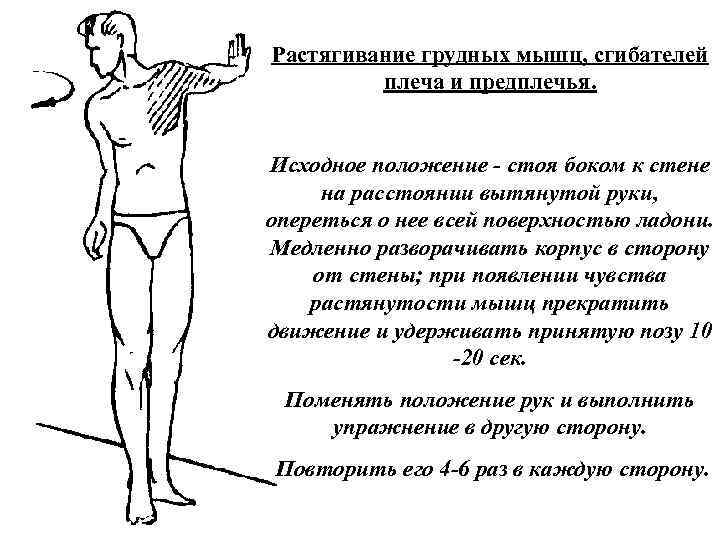 Растягивание грудных мышц, сгибателей плеча и предплечья. Исходное положение стоя боком к стене на