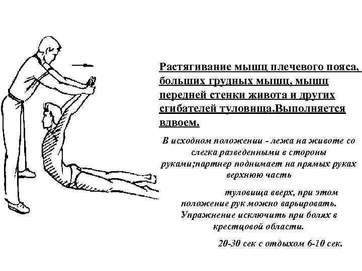 Растягивание мышц плечевого пояса, больших грудных мышц, мышц передней стенки живота и других сгибателей
