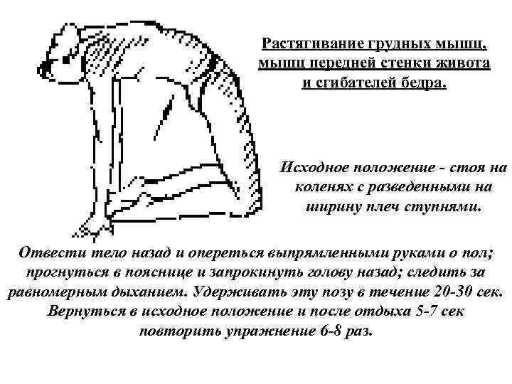 Растягивание грудных мышц, мышц передней стенки живота и сгибателей бедра. Исходное положение стоя на