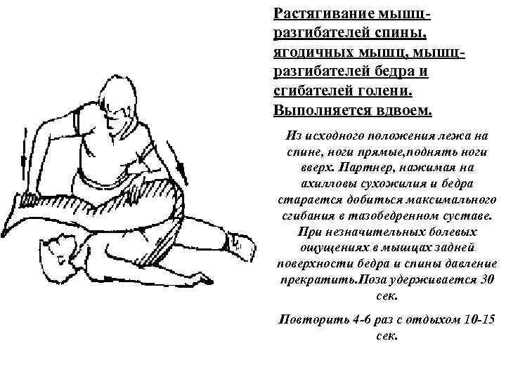 Растягивание мышц разгибателей спины, ягодичных мышц, мышц разгибателей бедра и сгибателей голени. Выполняется вдвоем.