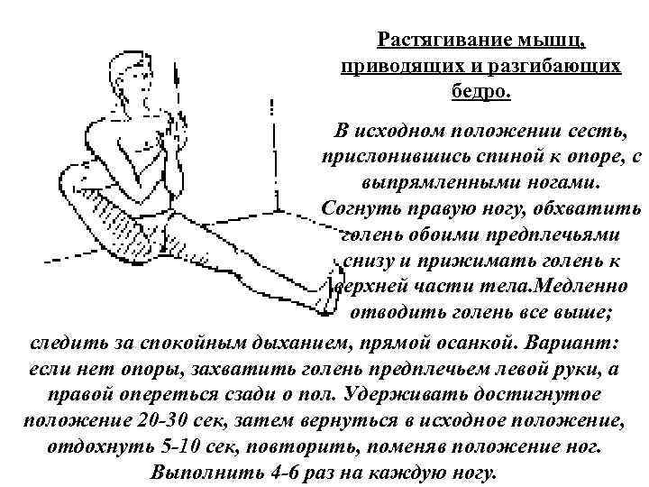 Растягивание мышц, приводящих и разгибающих бедро. В исходном положении сесть, прислонившись спиной к опоре,