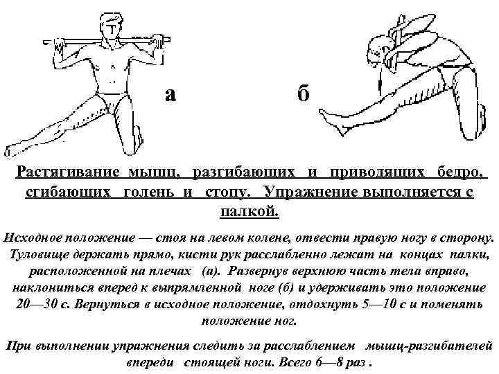 а б Растягивание мышц, разгибающих и приводящих бедро, сгибающих голень и стопу. Упражнение выполняется