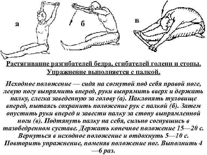 а б в Растягивание разгибателей бедра, сгибателей голени и стопы. Упражнение выполняется с палкой.