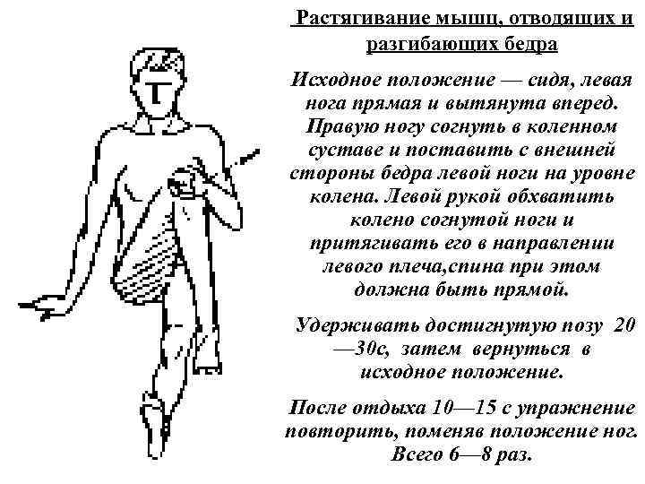  Растягивание мышц, отводящих и разгибающих бедра Исходное положение — сидя, левая нога прямая